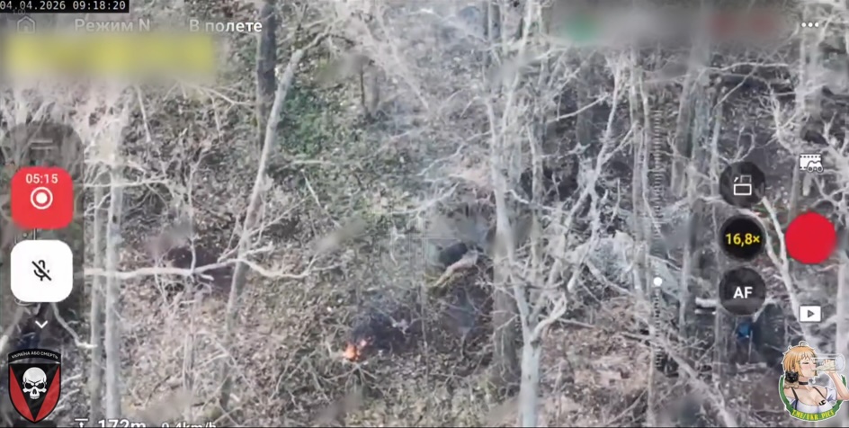 Russian is chased down in a tree line by FPV, receives close hit. Distant view shows him detonating his own grenade just moments after